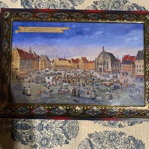 Vintage Nuremberg Market Scene Painting by German artist E. Otto Schmidt, 1988